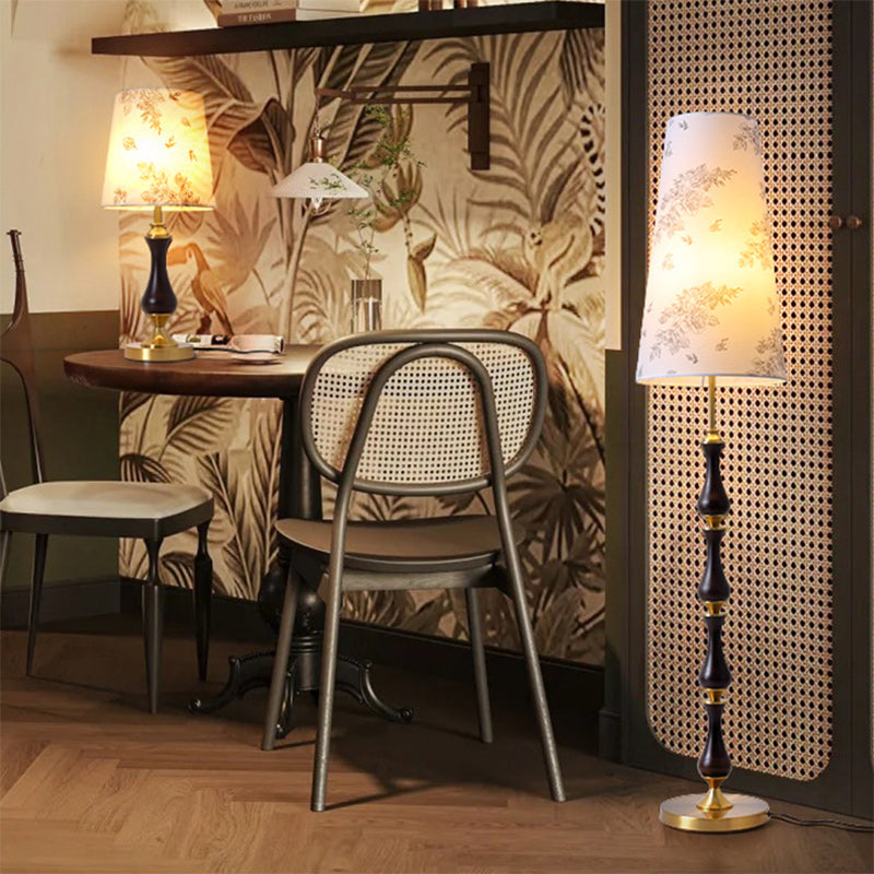 Contemporary Retro Solid Wood Metal Fabric Cylinder Printed Flower 1-Light Standing Floor Lamp For Living Room