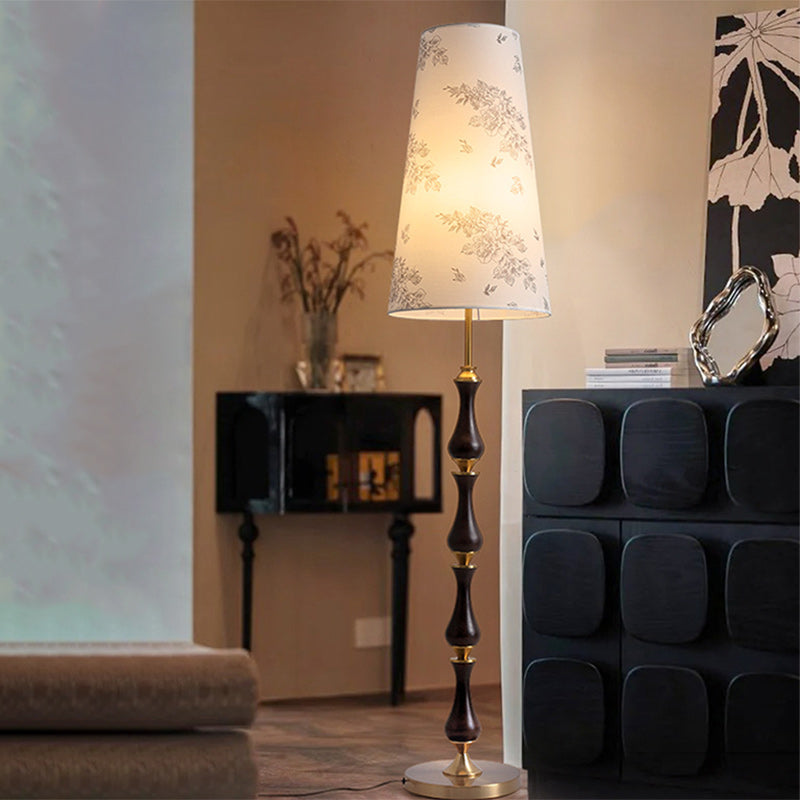 Contemporary Retro Solid Wood Metal Fabric Cylinder Printed Flower 1-Light Standing Floor Lamp For Living Room