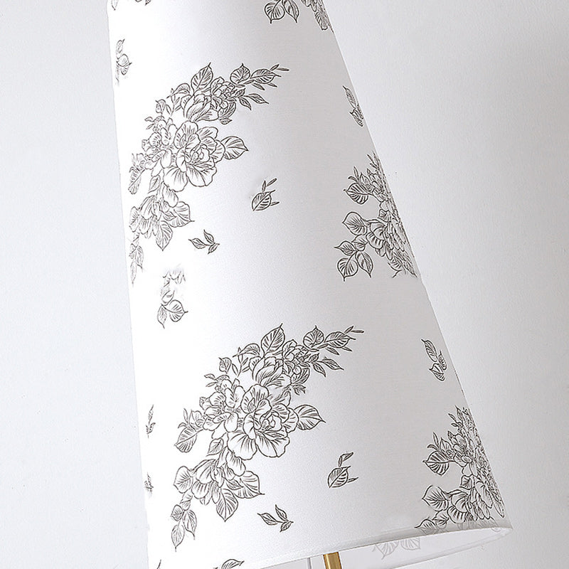 Contemporary Retro Solid Wood Metal Fabric Cylinder Printed Flower 1-Light Standing Floor Lamp For Living Room