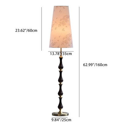 Contemporary Retro Solid Wood Metal Fabric Cylinder Printed Flower 1-Light Standing Floor Lamp For Living Room