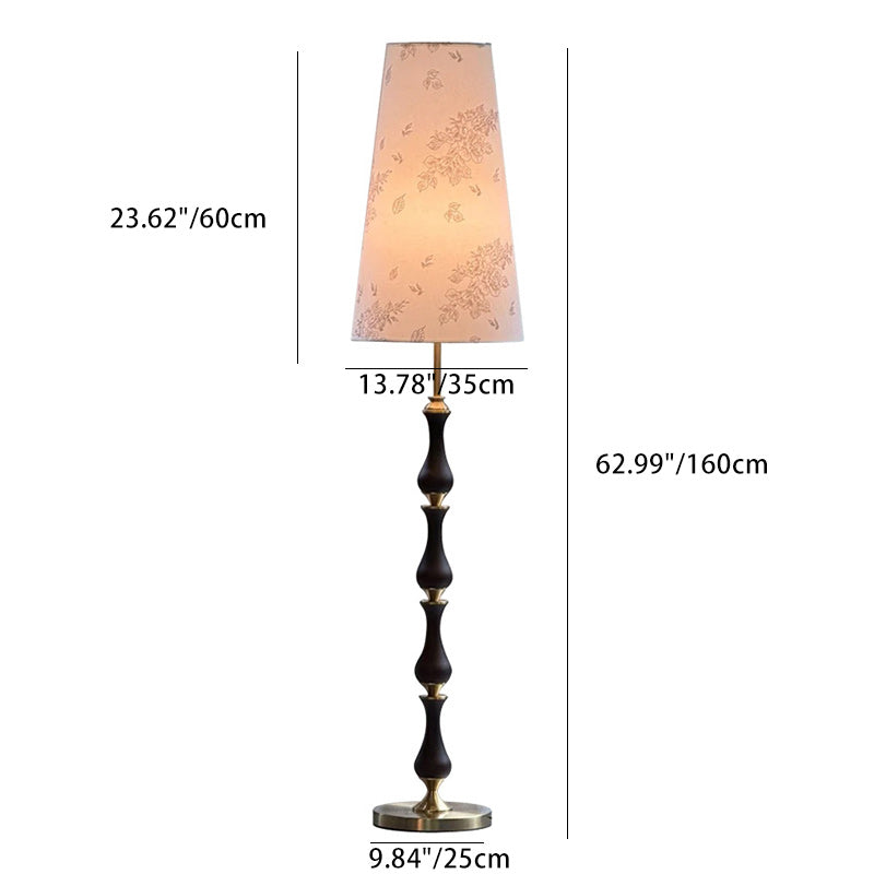 Contemporary Retro Solid Wood Metal Fabric Cylinder Printed Flower 1-Light Standing Floor Lamp For Living Room