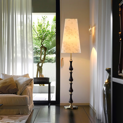 Contemporary Retro Solid Wood Metal Fabric Cylinder Printed Flower 1-Light Standing Floor Lamp For Living Room