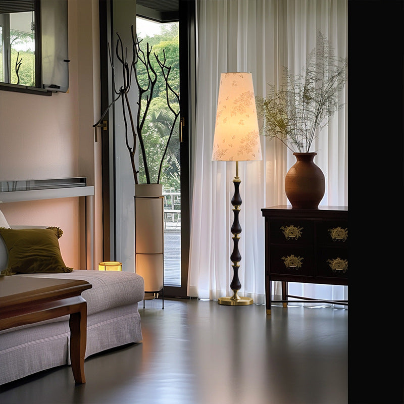 Contemporary Retro Solid Wood Metal Fabric Cylinder Printed Flower 1-Light Standing Floor Lamp For Living Room