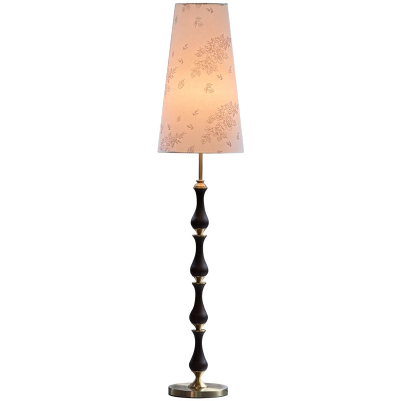 Contemporary Retro Solid Wood Metal Fabric Cylinder Printed Flower 1-Light Standing Floor Lamp For Living Room