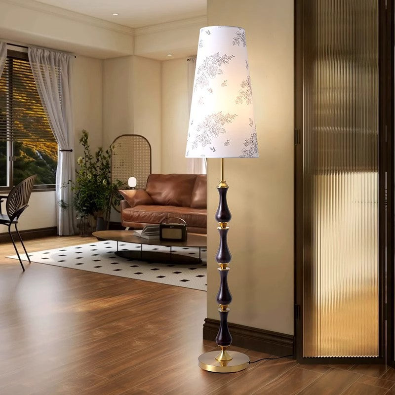 Contemporary Retro Solid Wood Metal Fabric Cylinder Printed Flower 1-Light Standing Floor Lamp For Living Room