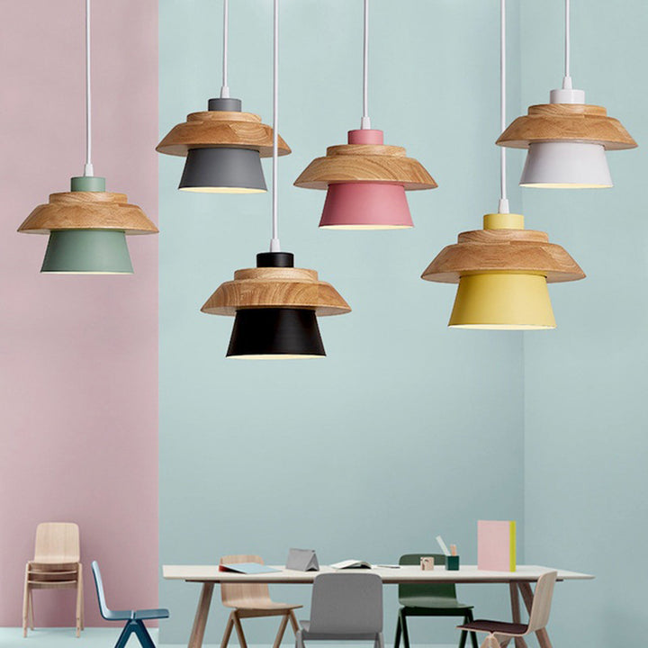 Cylindre en bois de caoutchouc fer contemporain scandinave Eave 1/3 Suspension lumineuse pour salle à manger 