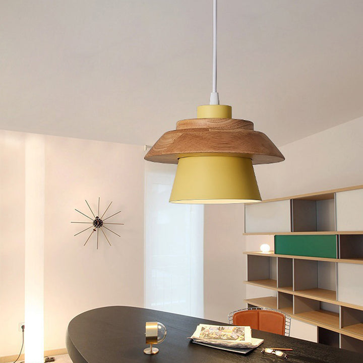 Cylindre en bois de caoutchouc fer contemporain scandinave Eave 1/3 Suspension lumineuse pour salle à manger 