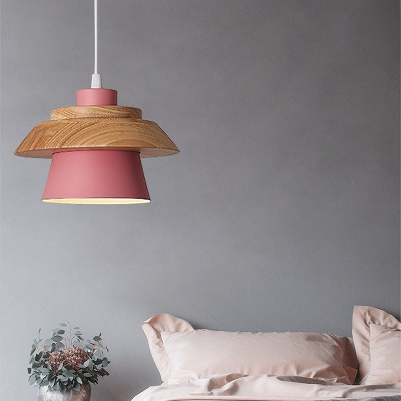 Cylindre en bois de caoutchouc fer contemporain scandinave Eave 1/3 Suspension lumineuse pour salle à manger 