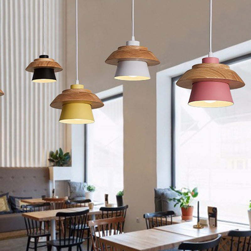 Cylindre en bois de caoutchouc fer contemporain scandinave Eave 1/3 Suspension lumineuse pour salle à manger 