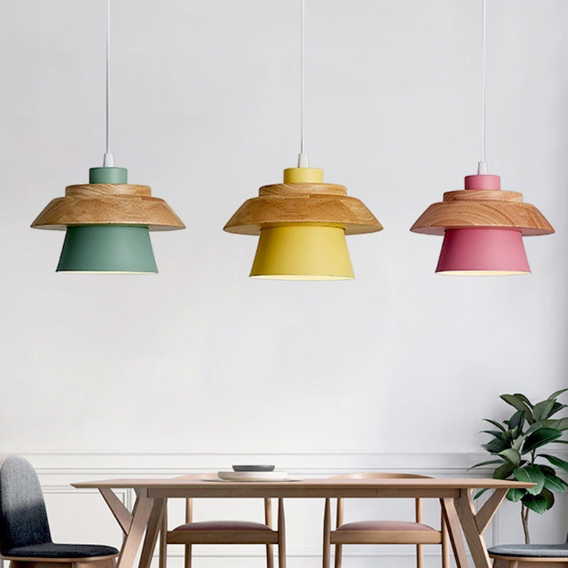 Cylindre en bois de caoutchouc fer contemporain scandinave Eave 1/3 Suspension lumineuse pour salle à manger 