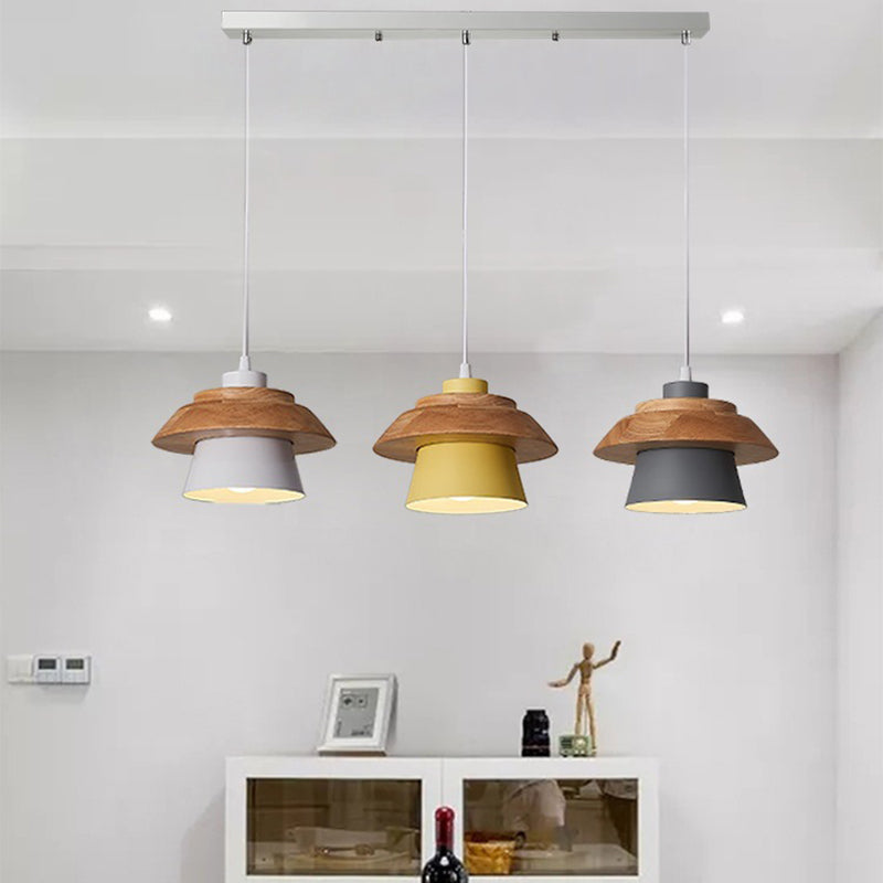 Cylindre en bois de caoutchouc fer contemporain scandinave Eave 1/3 Suspension lumineuse pour salle à manger 