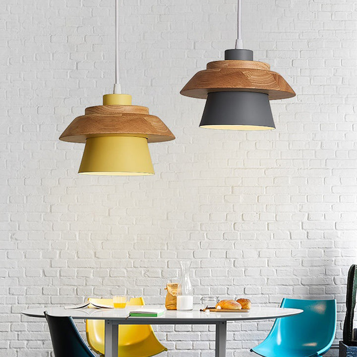Cylindre en bois de caoutchouc fer contemporain scandinave Eave 1/3 Suspension lumineuse pour salle à manger 