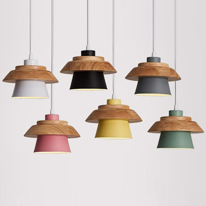 Cylindre en bois de caoutchouc fer contemporain scandinave Eave 1/3 Suspension lumineuse pour salle à manger 