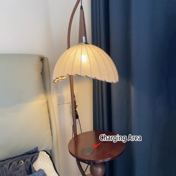 Zeitgenössische Retro Holz Eisen Stoff Kuppel Runde Regal 1-Licht Stehen Stehlampe Für Wohnzimmer 