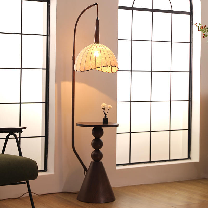 Contemporary Retro Wood Iron Fabric Dome Round Shelf 1-Light Standing Floor Lamp For Living Room