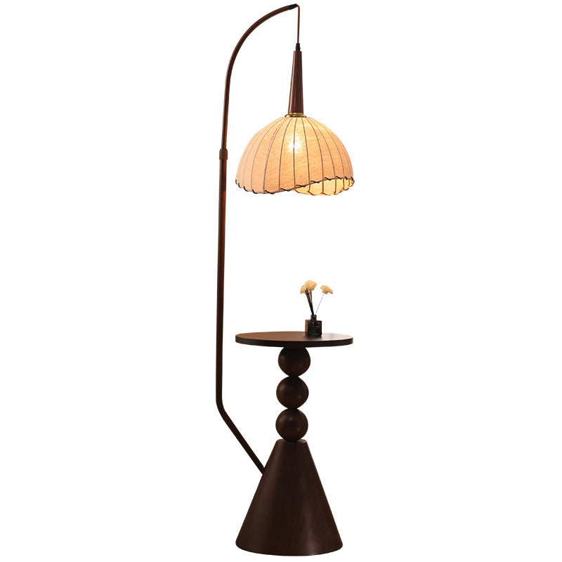 Contemporary Retro Wood Iron Fabric Dome Round Shelf 1-Light Standing Floor Lamp For Living Room