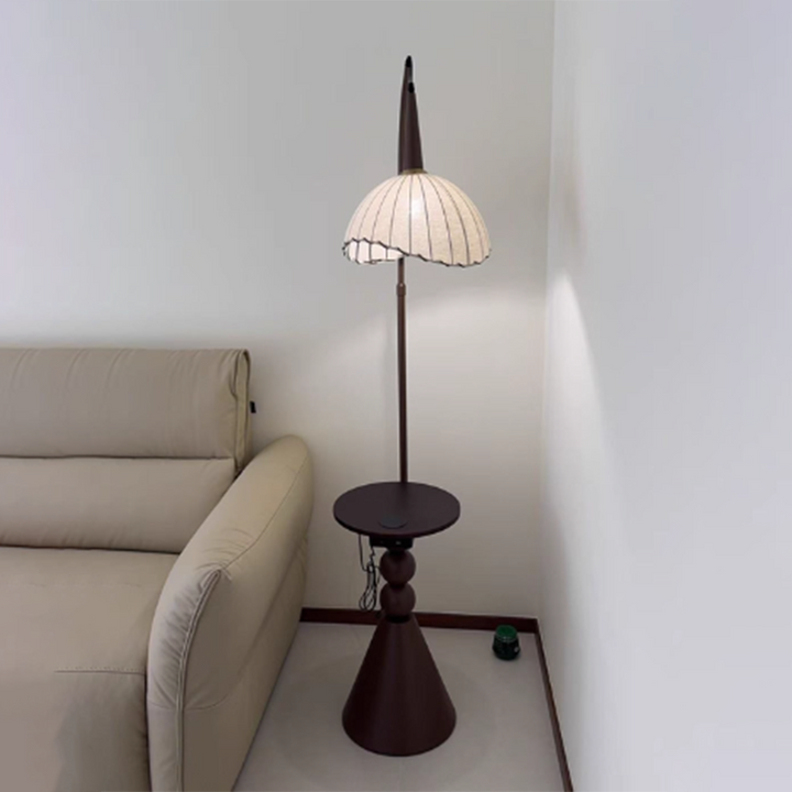 Zeitgenössische Retro Holz Eisen Stoff Kuppel Runde Regal 1-Licht Stehen Stehlampe Für Wohnzimmer 