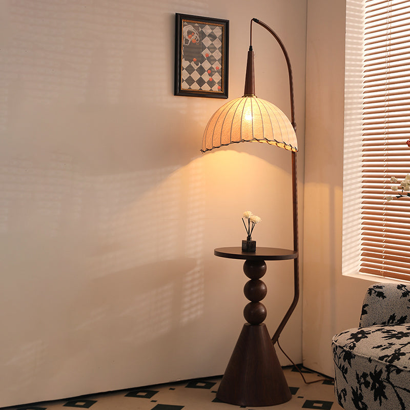 Contemporary Retro Wood Iron Fabric Dome Round Shelf 1-Light Standing Floor Lamp For Living Room