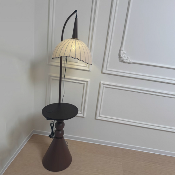 Zeitgenössische Retro Holz Eisen Stoff Kuppel Runde Regal 1-Licht Stehen Stehlampe Für Wohnzimmer 