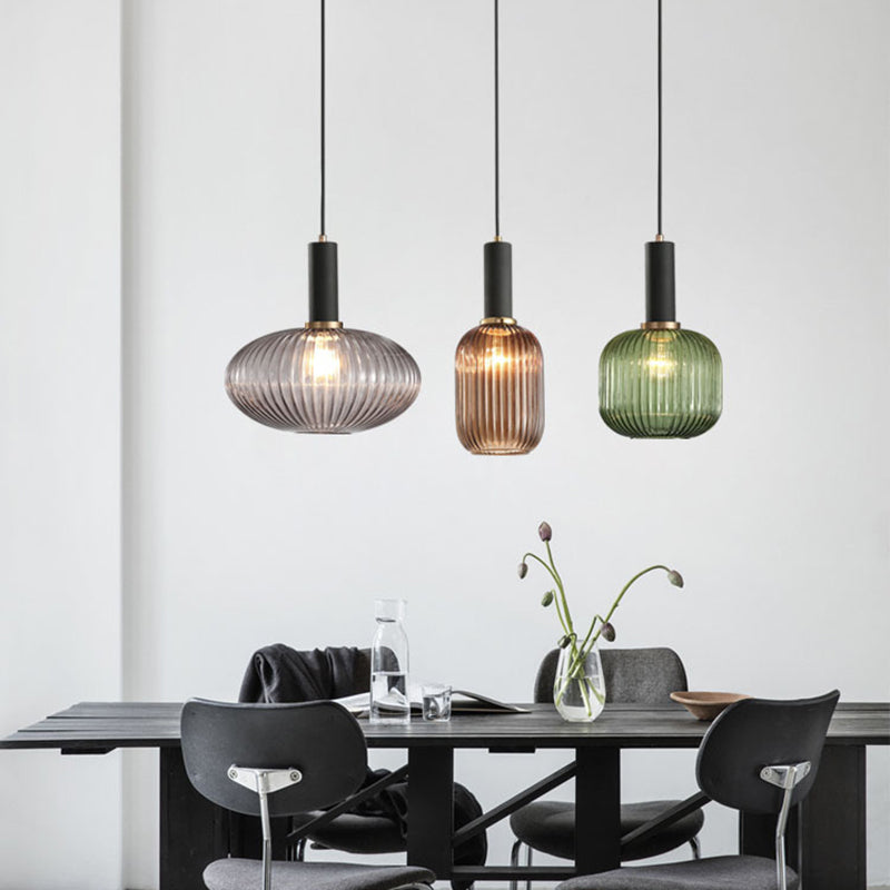 Lanterne cylindrique en verre métallique scandinave contemporain à rayures 1 lumière pour salle à manger 