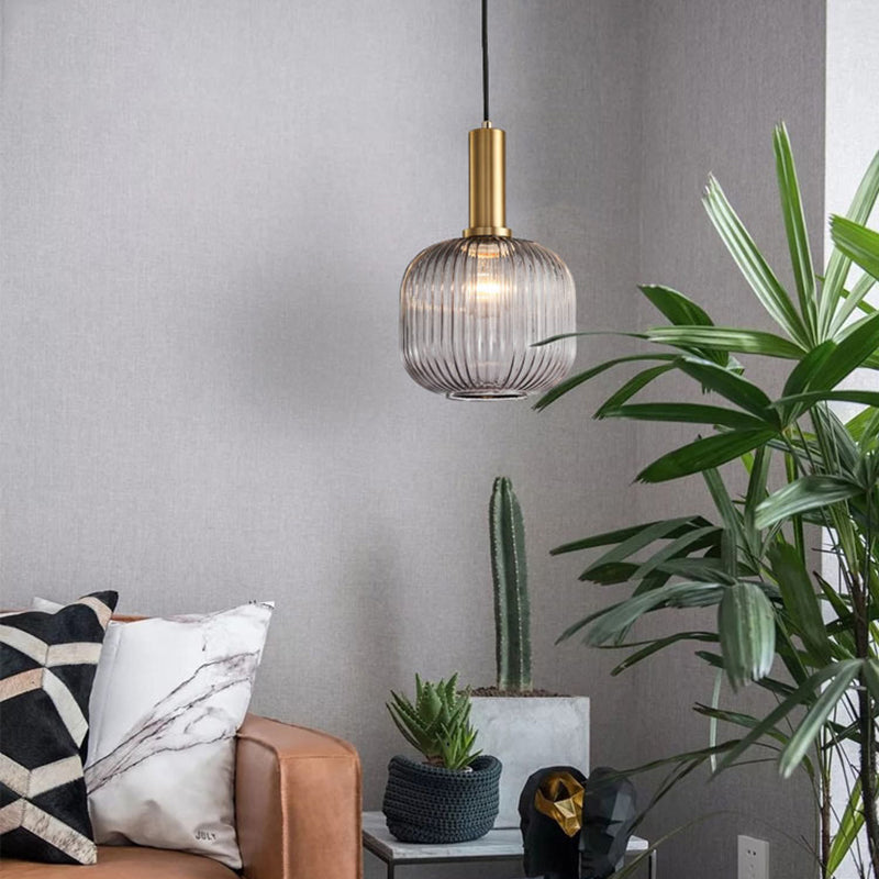 Contemporary Scandinavian Metal Glass Cylinder Striped Lantern 1-Light Pendant Light For Dining Room
