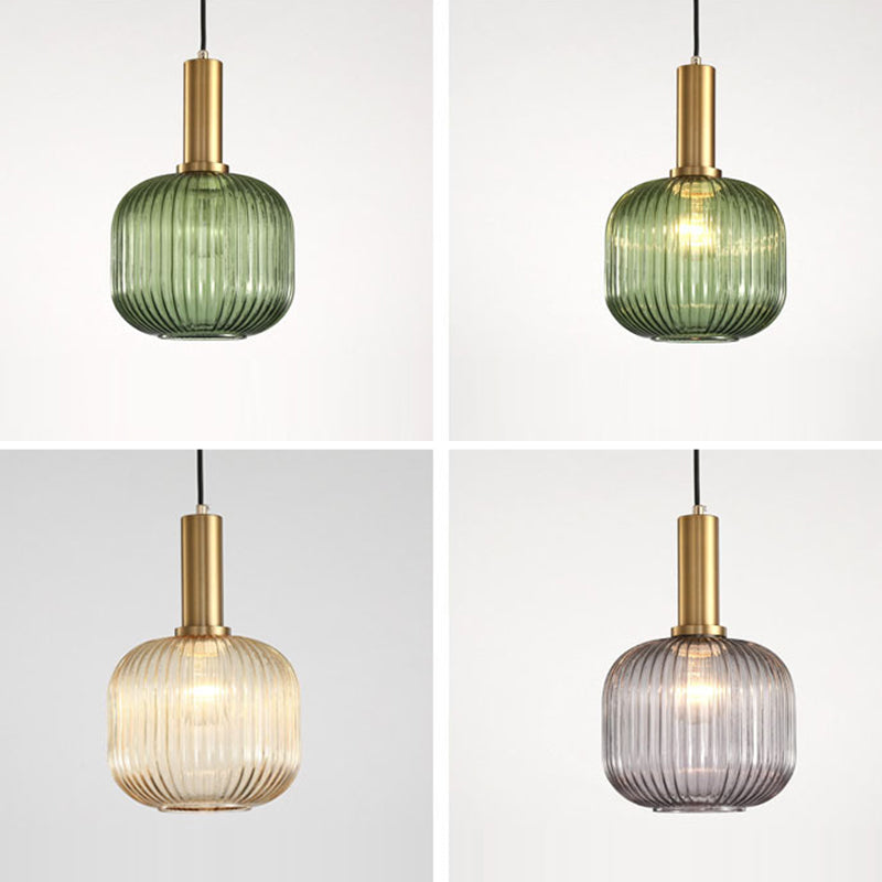 Lanterne cylindrique en verre métallique scandinave contemporain à rayures 1 lumière pour salle à manger 