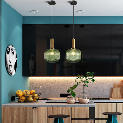 Contemporary Scandinavian Metal Glass Cylinder Striped Lantern 1-Light Pendant Light For Dining Room