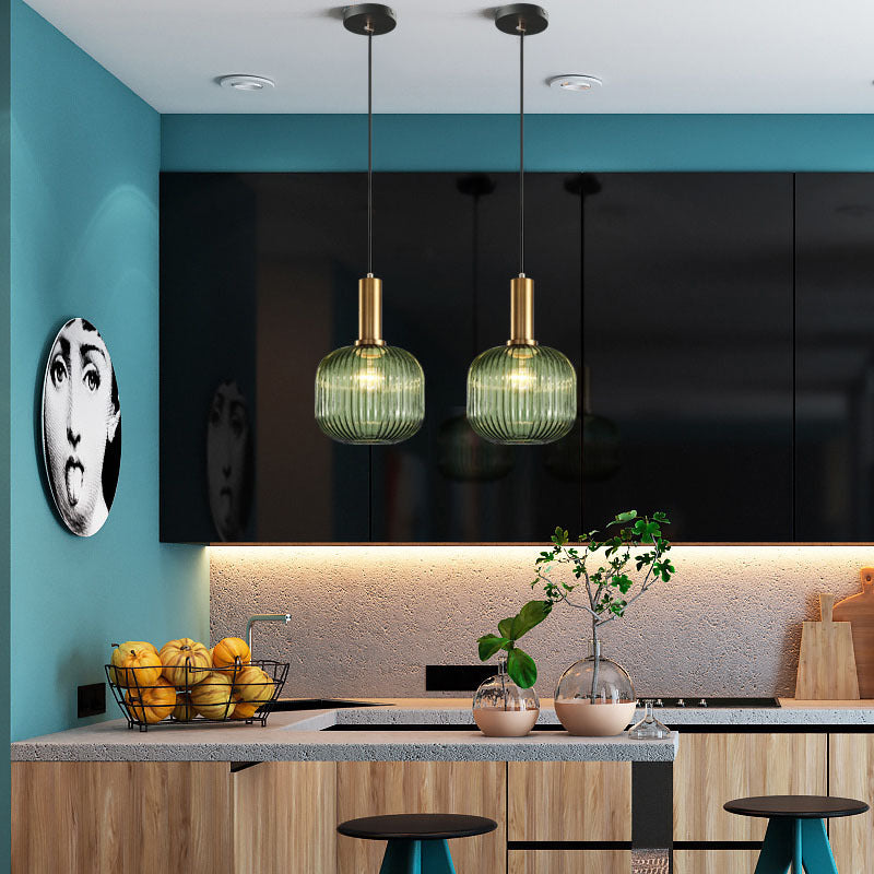 Contemporary Scandinavian Metal Glass Cylinder Striped Lantern 1-Light Pendant Light For Dining Room