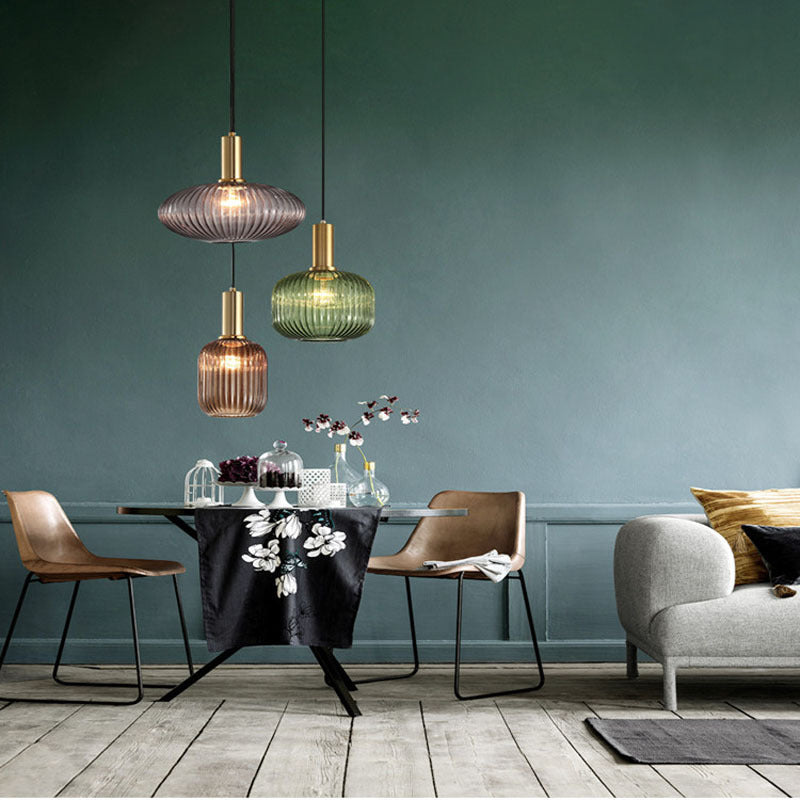 Lanterne cylindrique en verre métallique scandinave contemporain à rayures 1 lumière pour salle à manger 