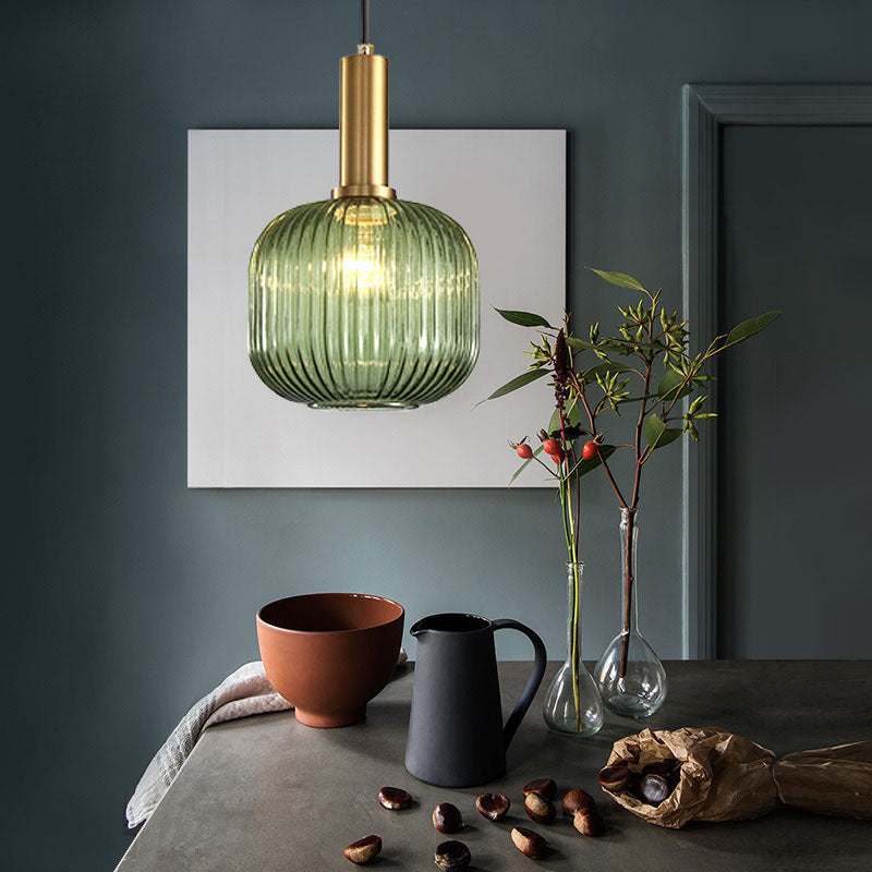 Lanterne cylindrique en verre métallique scandinave contemporain à rayures 1 lumière pour salle à manger 
