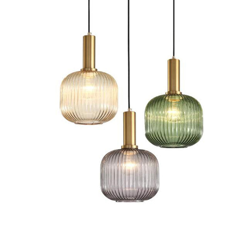 Lanterne cylindrique en verre métallique scandinave contemporain à rayures 1 lumière pour salle à manger 