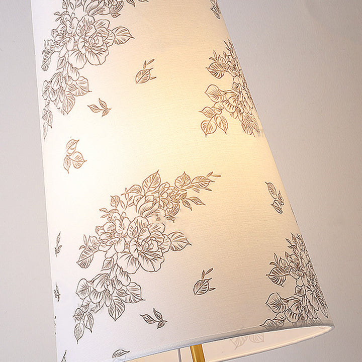 Lampe de table contemporaine rétro en bois massif métal tissu cylindre imprimé fleur 1-lumière pour chambre 