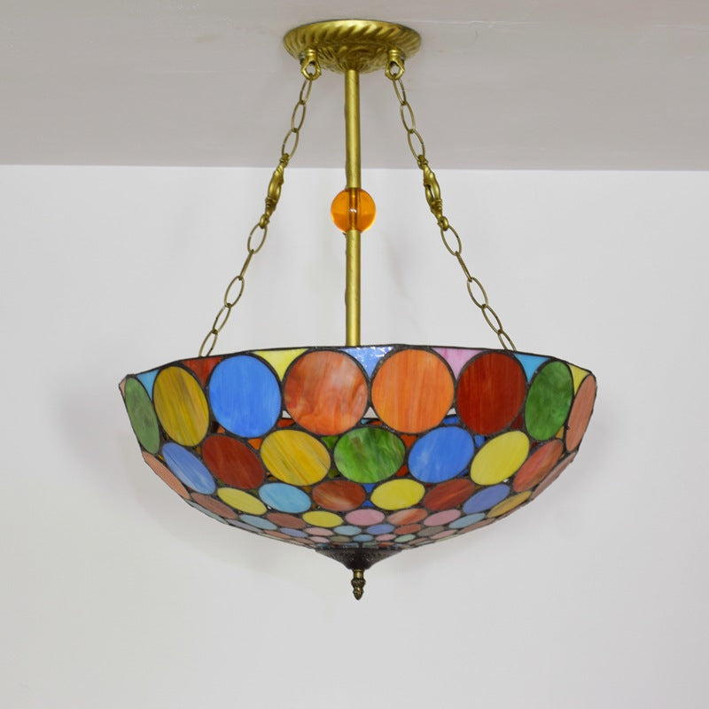 Lámparas de araña de 3 luces con patrón redondo de cúpula de hierro de vidrio teñido tradicional Tiffany para sala de estar 