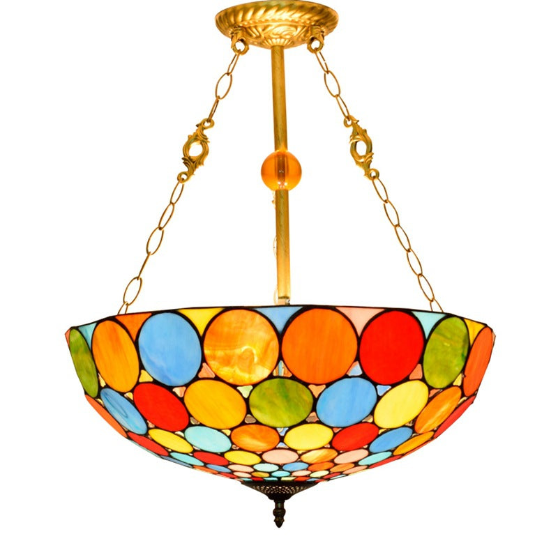 Lámparas de araña de 3 luces con patrón redondo de cúpula de hierro de vidrio teñido tradicional Tiffany para sala de estar 
