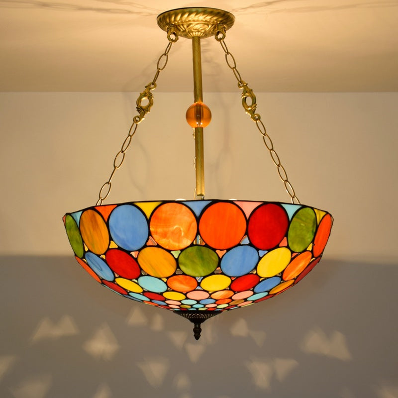 Lámparas de araña de 3 luces con patrón redondo de cúpula de hierro de vidrio teñido tradicional Tiffany para sala de estar 
