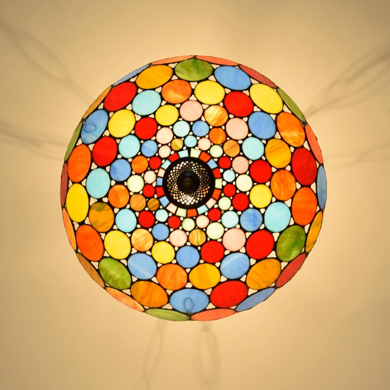 Lámparas de araña de 3 luces con patrón redondo de cúpula de hierro de vidrio teñido tradicional Tiffany para sala de estar 