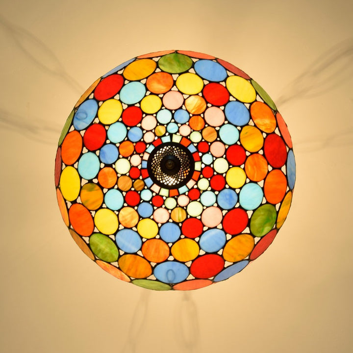 Lámparas de araña de 3 luces con patrón redondo de cúpula de hierro de vidrio teñido tradicional Tiffany para sala de estar 