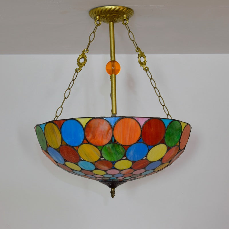 Lámparas de araña de 3 luces con patrón redondo de cúpula de hierro de vidrio teñido tradicional Tiffany para sala de estar 