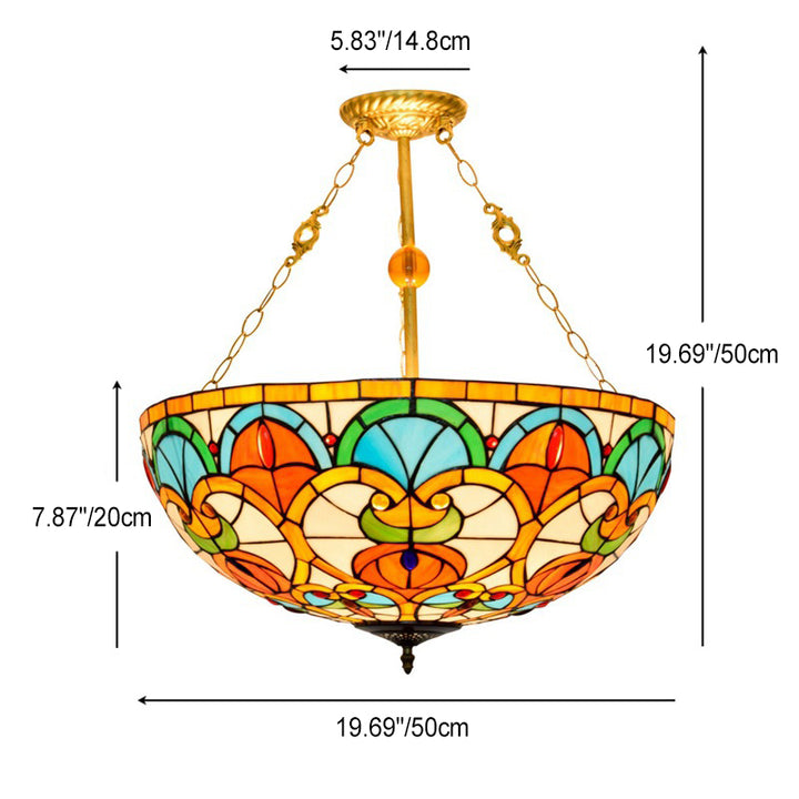 Traditionelle Tiffany-Kronleuchter mit Buntglas und Eisenkuppel, Pfirsichherzperlen, 3 Lichter, für Wohnzimmer 