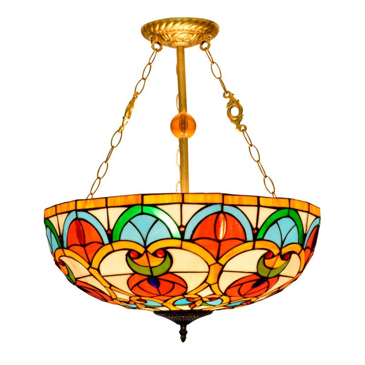 Traditionelle Tiffany-Kronleuchter mit Buntglas und Eisenkuppel, Pfirsichherzperlen, 3 Lichter, für Wohnzimmer 