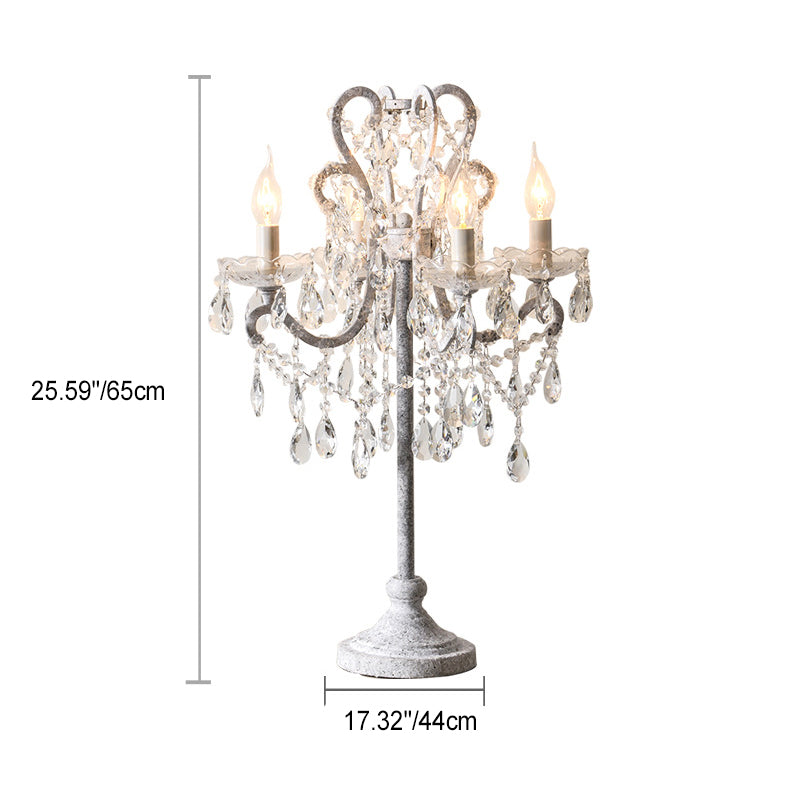 Traditional Vintage Iron Glass Crystal Pendant Candlestick 4-Light Table Lamp For Bedroom