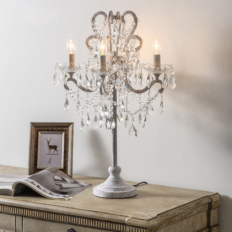 Traditional Vintage Iron Glass Crystal Pendant Candlestick 4-Light Table Lamp For Bedroom
