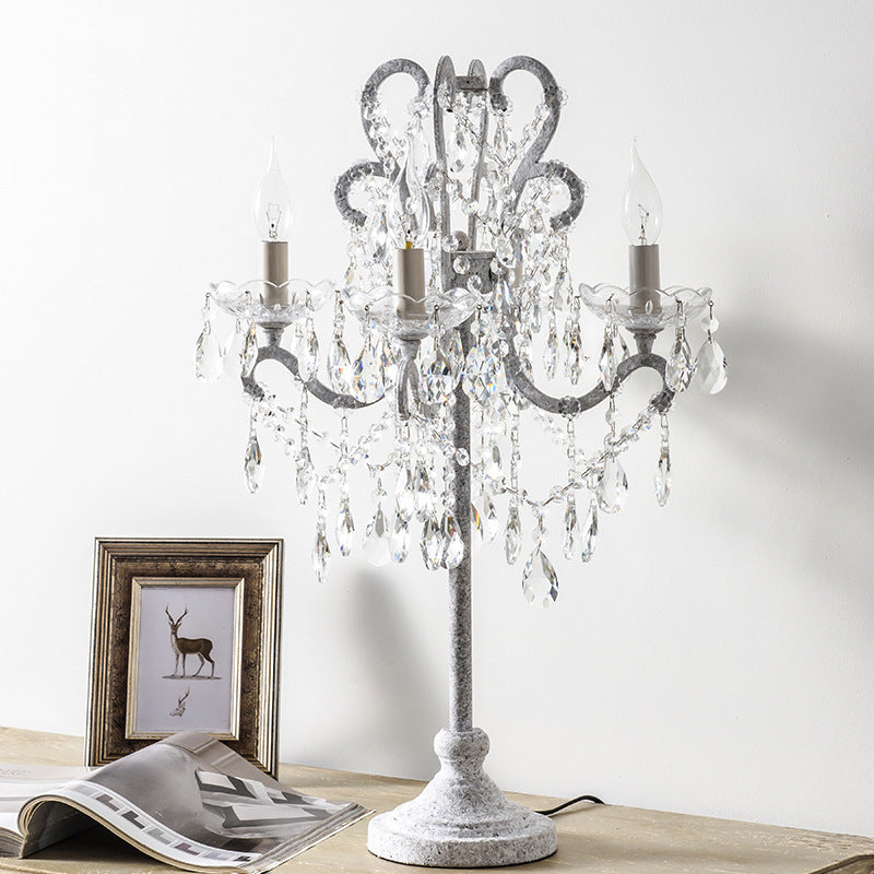 Traditional Vintage Iron Glass Crystal Pendant Candlestick 4-Light Table Lamp For Bedroom