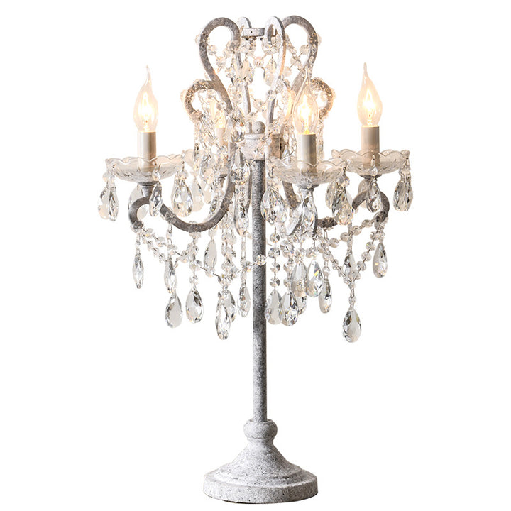 Traditional Vintage Iron Glass Crystal Pendant Candlestick 4-Light Table Lamp For Bedroom