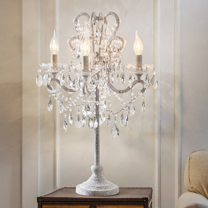 Traditional Vintage Iron Glass Crystal Pendant Candlestick 4-Light Table Lamp For Bedroom