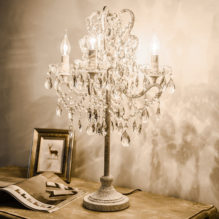 Traditional Vintage Iron Glass Crystal Pendant Candlestick 4-Light Table Lamp For Bedroom