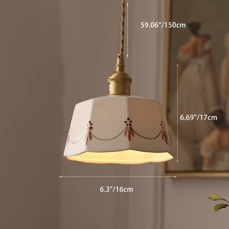 Lámpara colgante de 1 luz con patrón pintado a mano de cilindro de latón cerámico de hierro francés tradicional para comedor 