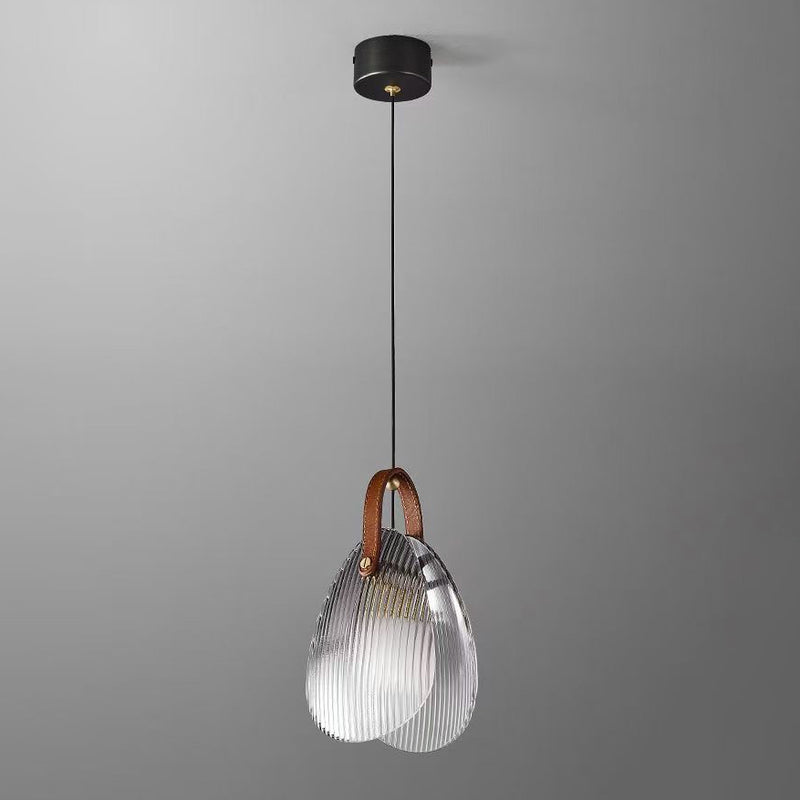Luz colgante LED moderna de hierro, cobre, vidrio, cuero, concha y rayas Art Deco para mesita de noche 