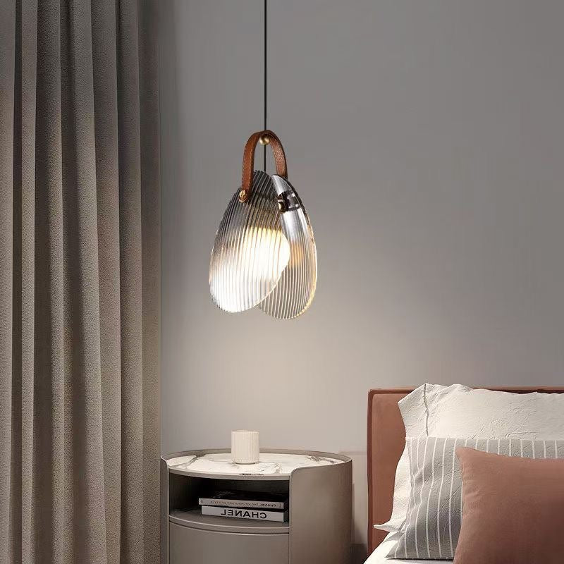 Luz colgante LED moderna de hierro, cobre, vidrio, cuero, concha y rayas Art Deco para mesita de noche 