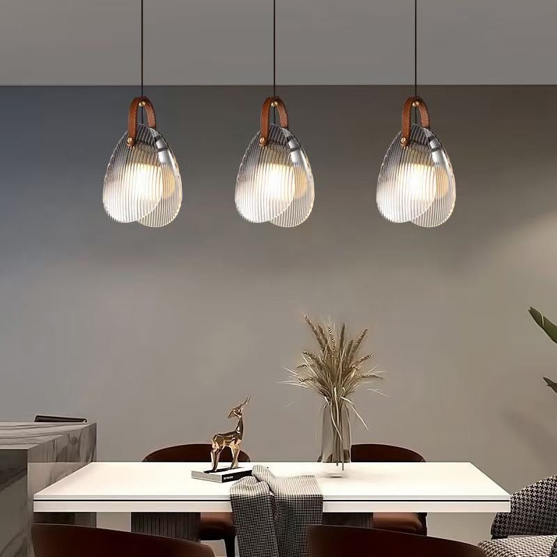 Luz colgante LED moderna de hierro, cobre, vidrio, cuero, concha y rayas Art Deco para mesita de noche 